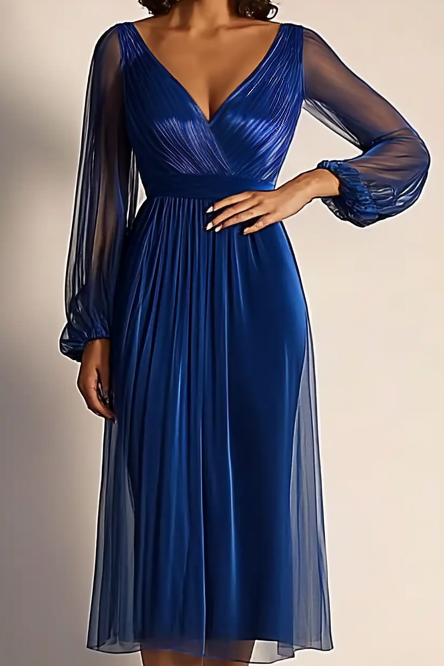 Daily Work Navy Mesh Dress V Neck  See Through Pleat Midi Dress  
