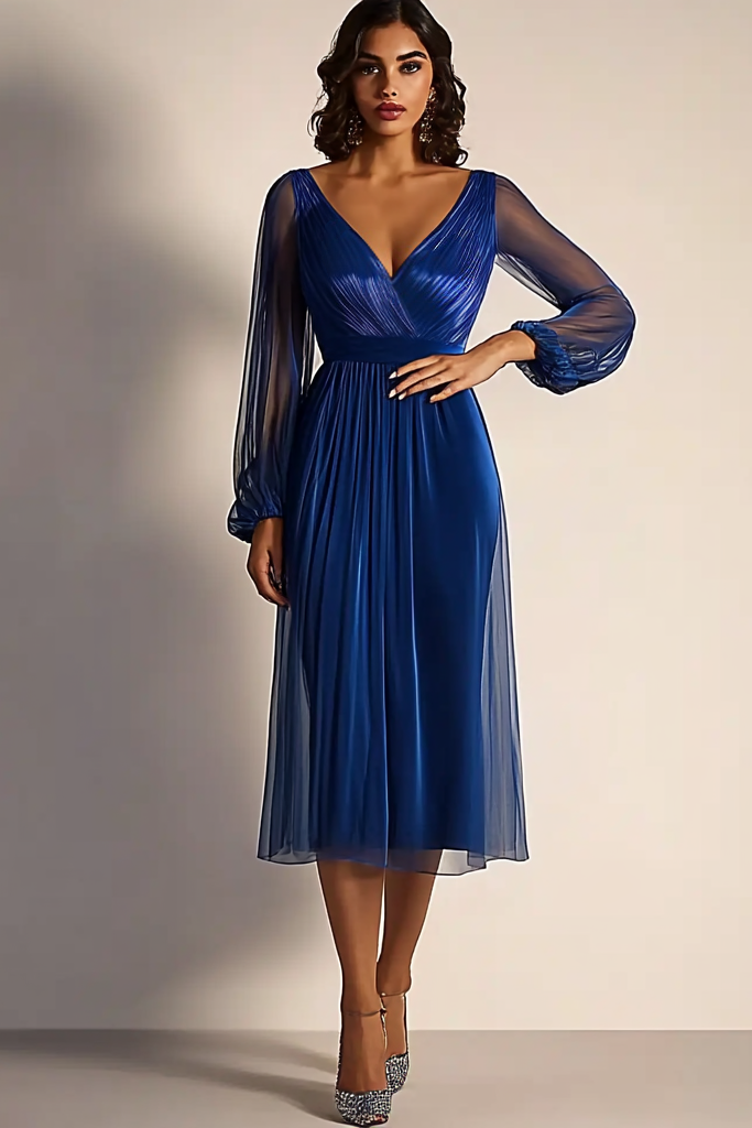 Daily Work Navy Mesh Dress V Neck  See Through Pleat Midi Dress  