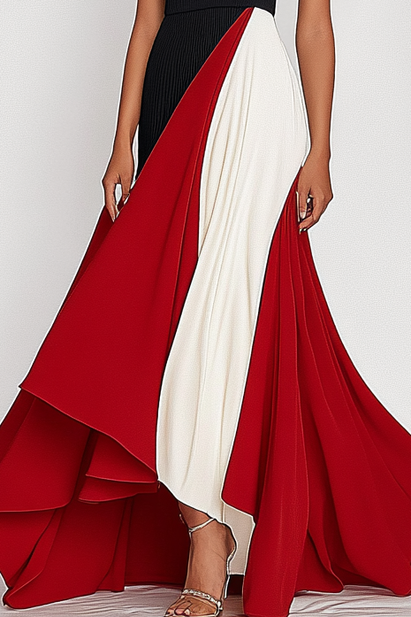 Elegant Formal Red Black Maxi Dress Sleeveless Hem Color Block Work Dress
