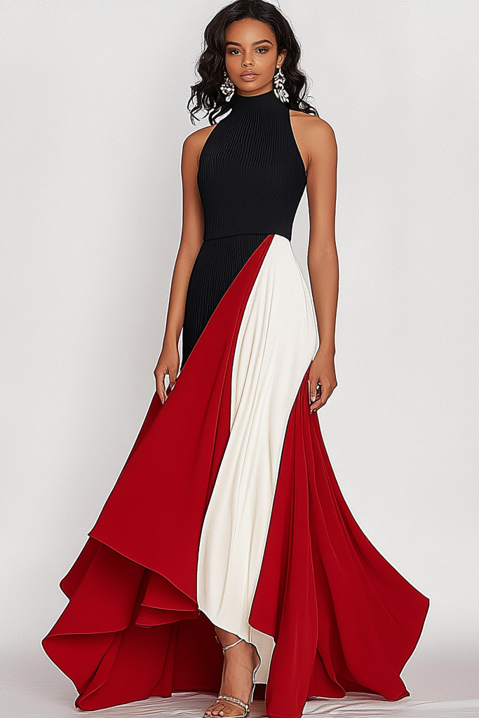 Elegant Formal Red Black Maxi Dress Sleeveless Hem Color Block Work Dress