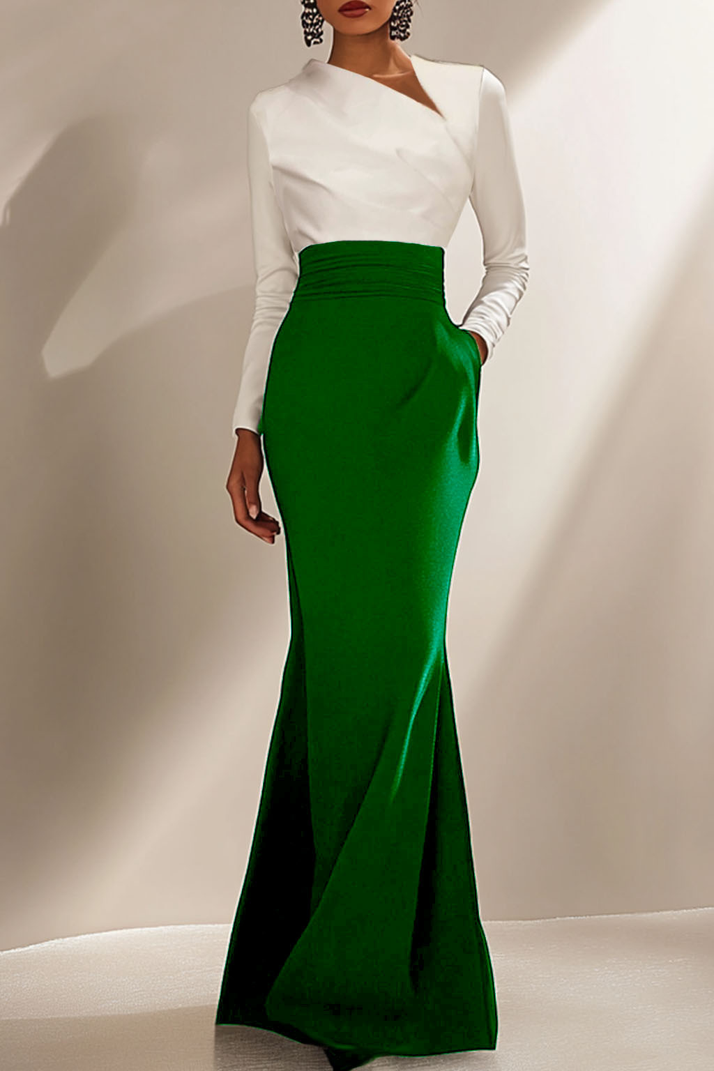 Evening Formal Elegant Dress Long Sleeve  Black White Maxi Dress