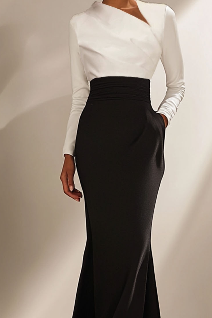 Evening Formal Elegant Dress Long Sleeve  Black White Maxi Dress