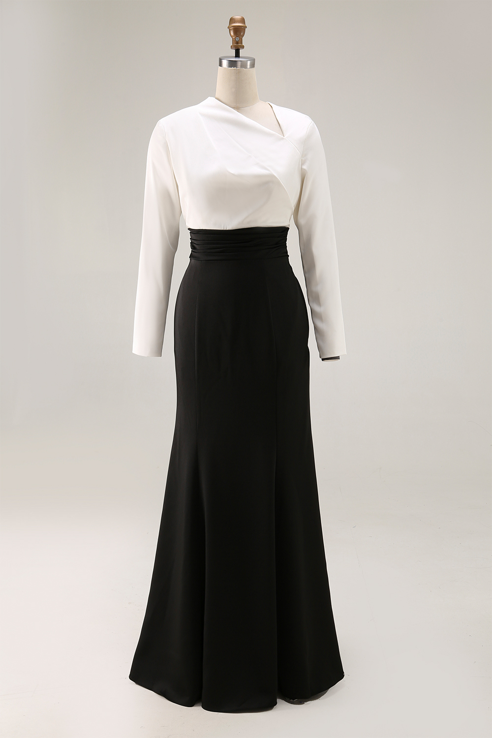 Evening Formal Elegant Dress Black White Long Sleeve Maxi Dress