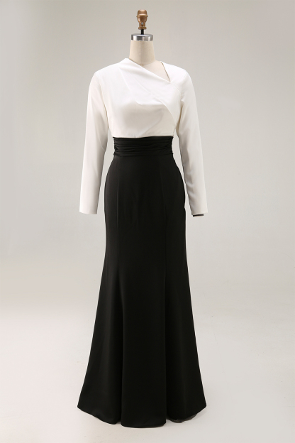 Evening Formal Elegant Dress Black White Long Sleeve Maxi Dress