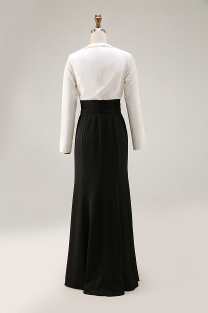 Evening Formal Elegant Dress Black White Long Sleeve Maxi Dress