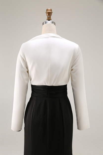 Evening Formal Elegant Dress Black White Long Sleeve Maxi Dress