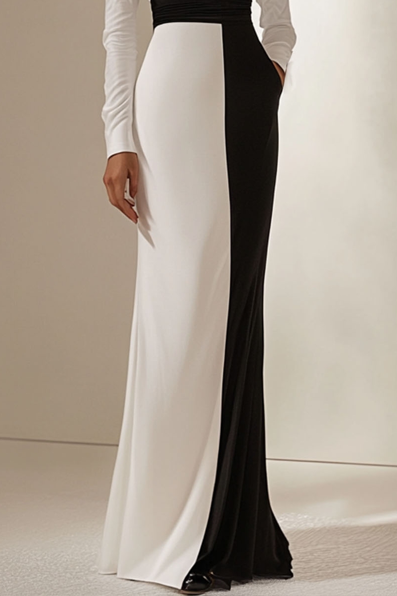 Work Formal Elegant Dress V Neck Long Sleeve Black White Maxi Dress