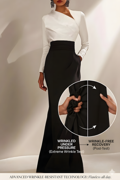 Evening Formal Elegant Dress Black White Long Sleeve Maxi Dress