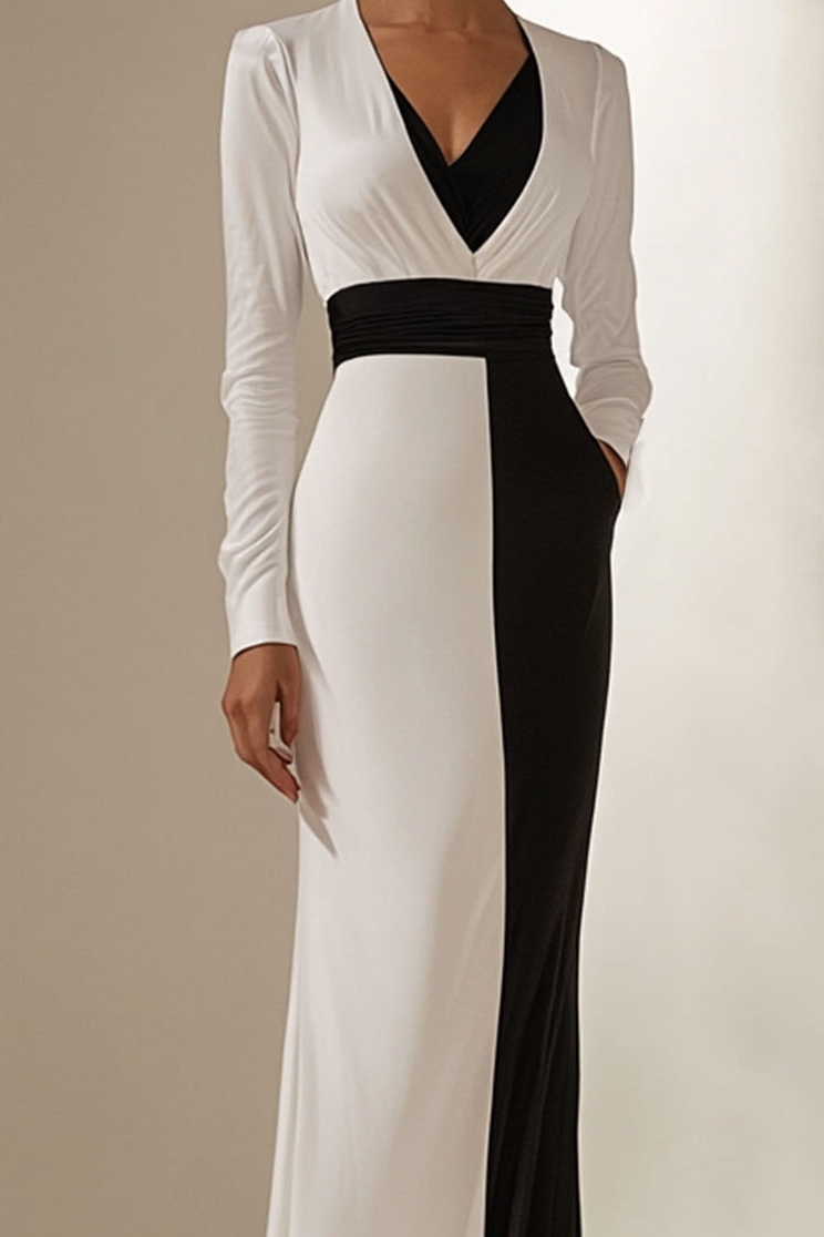Work Formal Elegant Dress V Neck Long Sleeve Black White Maxi Dress