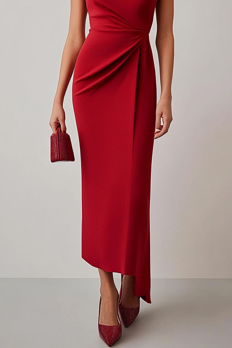 Business Work Red Dress Crew Neck Pleat Midi Dress  