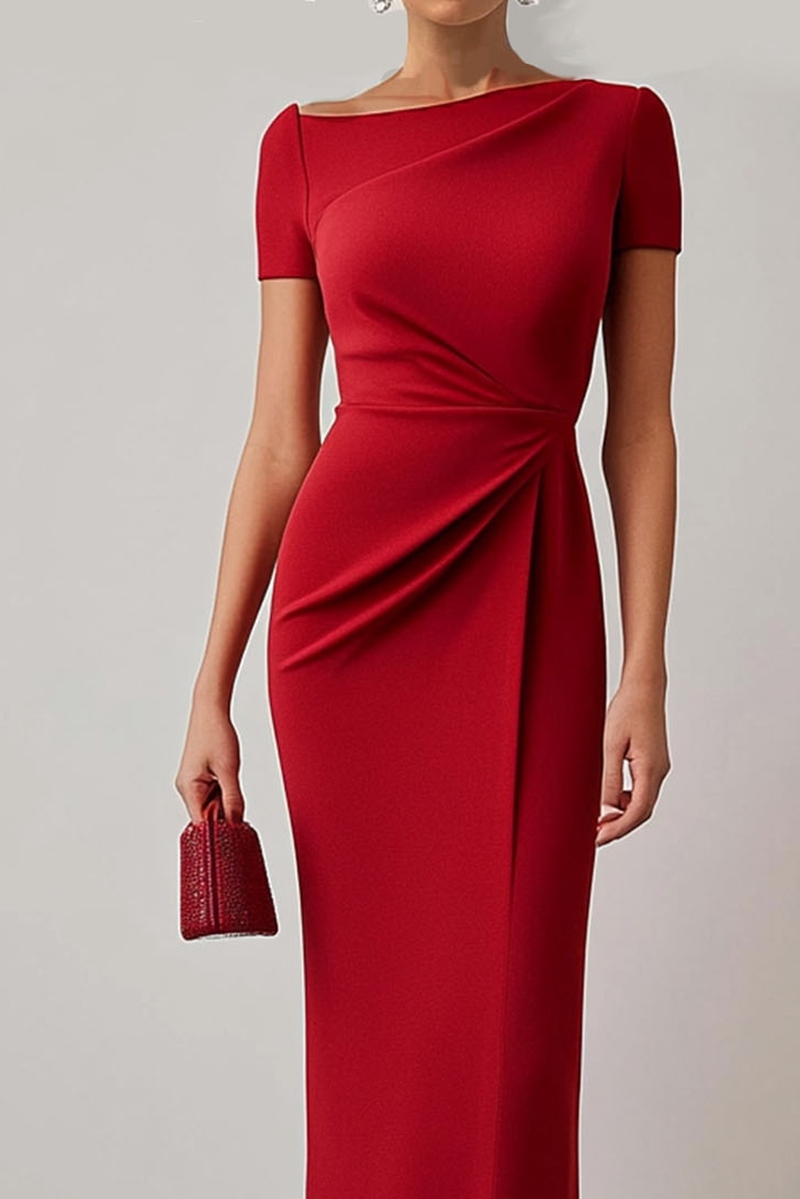 Business Work Red Dress Crew Neck Pleat Midi Dress  