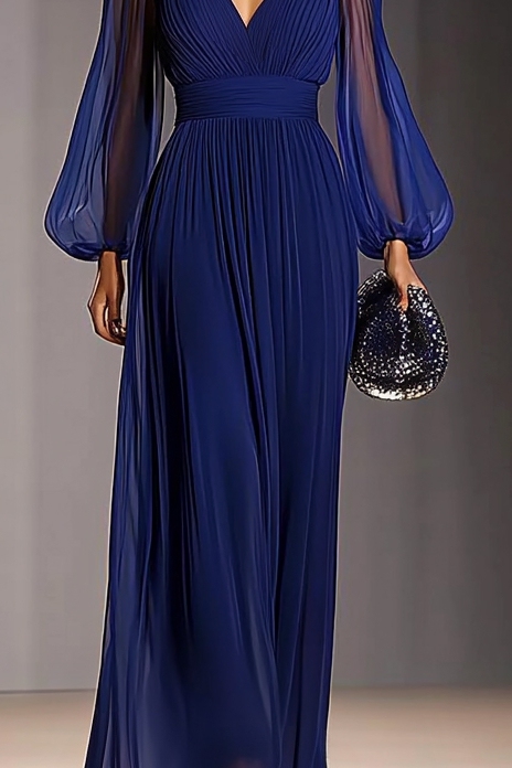 Daily Work Blue Mesh Dress V Neck Pleat Maxi Dress  