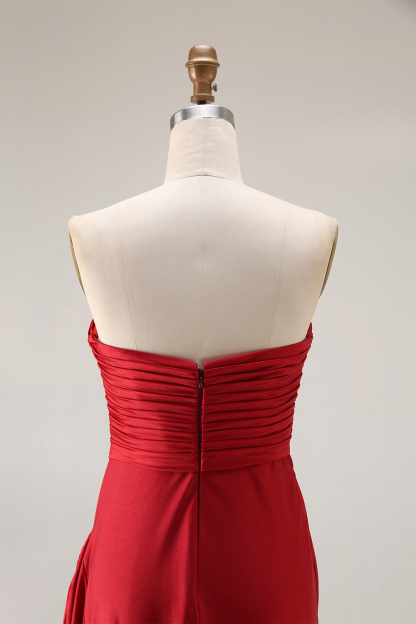 Formal Prom Strapless Dress Red Ruched Full Skirt Maxi Gown