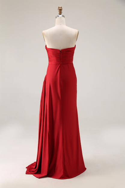 Formal Prom Strapless Dress Red Ruched Full Skirt Maxi Gown