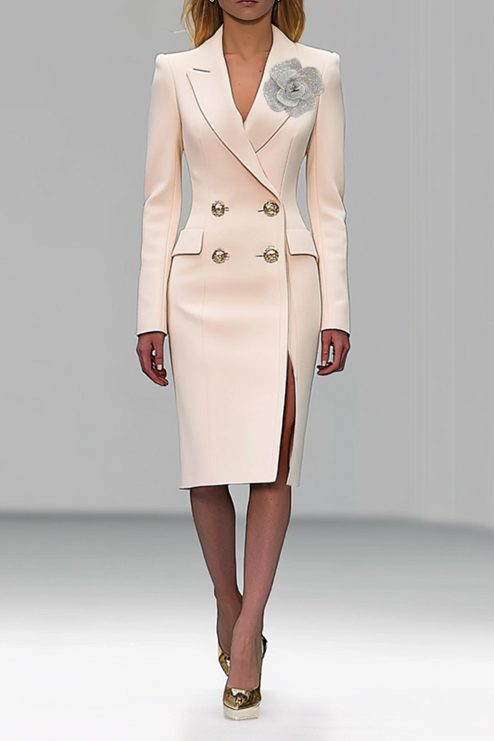 Work blazer dress with 3D flower lapel and long sleeves