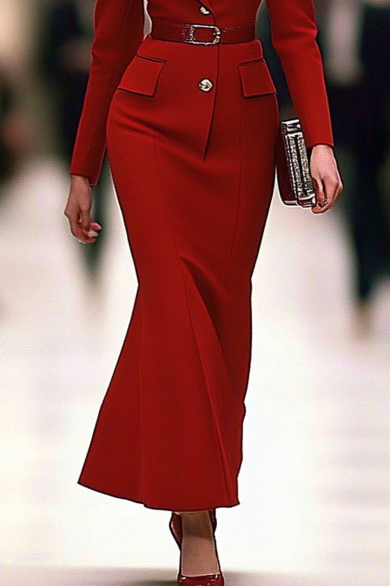  Work Business Blazer Dress Red V Neck Midi Dress