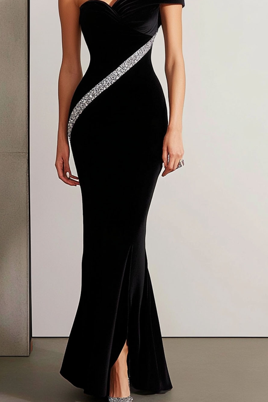 Evening Formal Mermaid Dress Rhinestone Velvet Maxi Dress