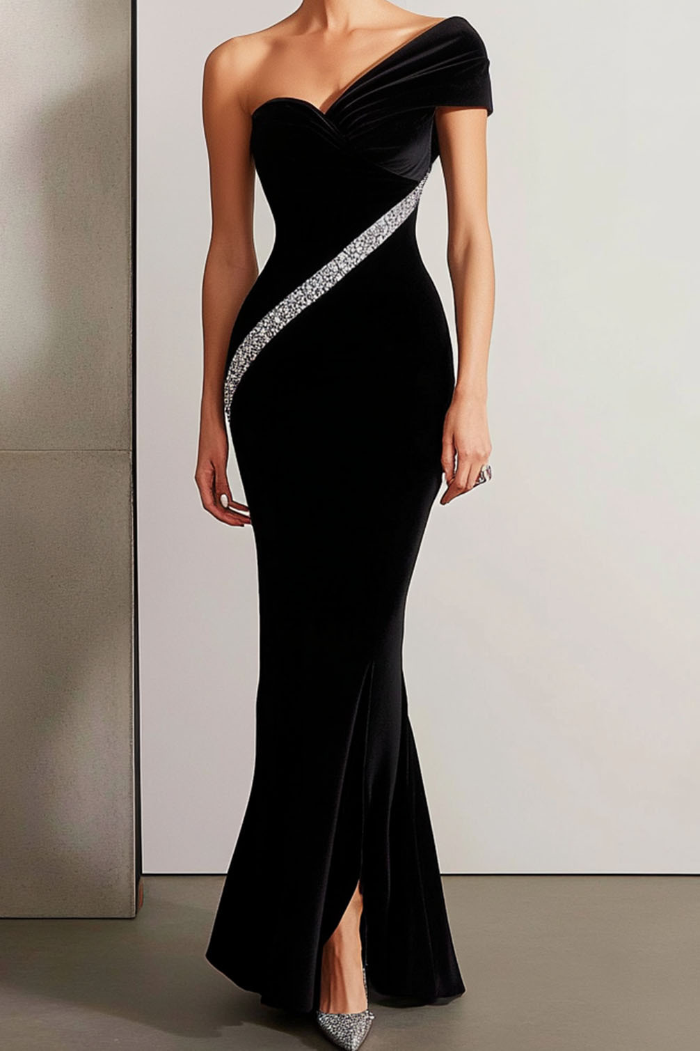 Evening Formal Mermaid Velvet Dress with Rhinestone Detail