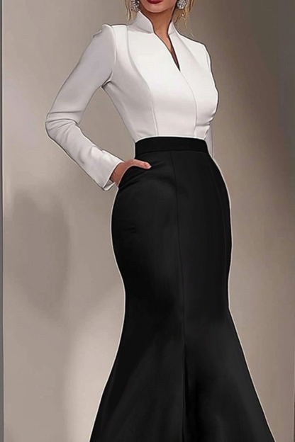 Formal Evening Dress Black White Stand Neck Mermaid with Pockets Maxi Dress