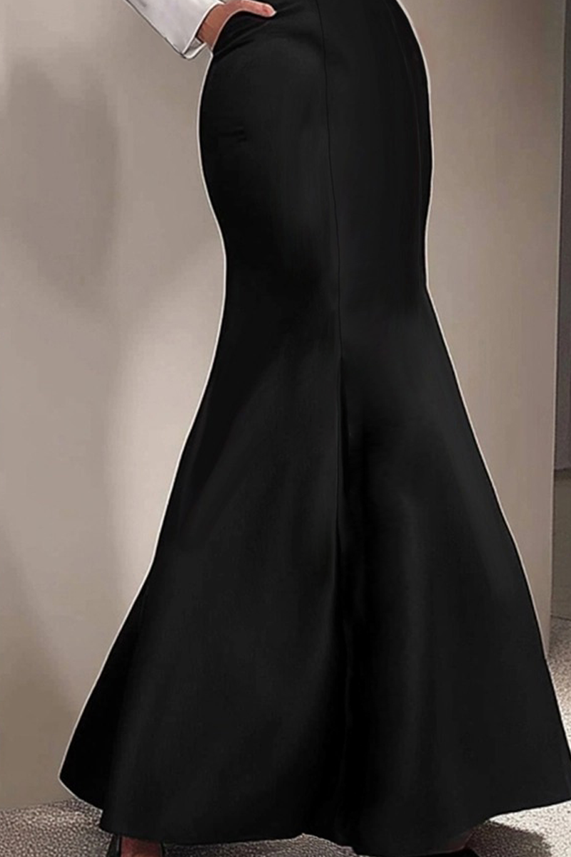 Formal Evening Dress Black White Stand Neck Mermaid with Pockets Maxi Dress