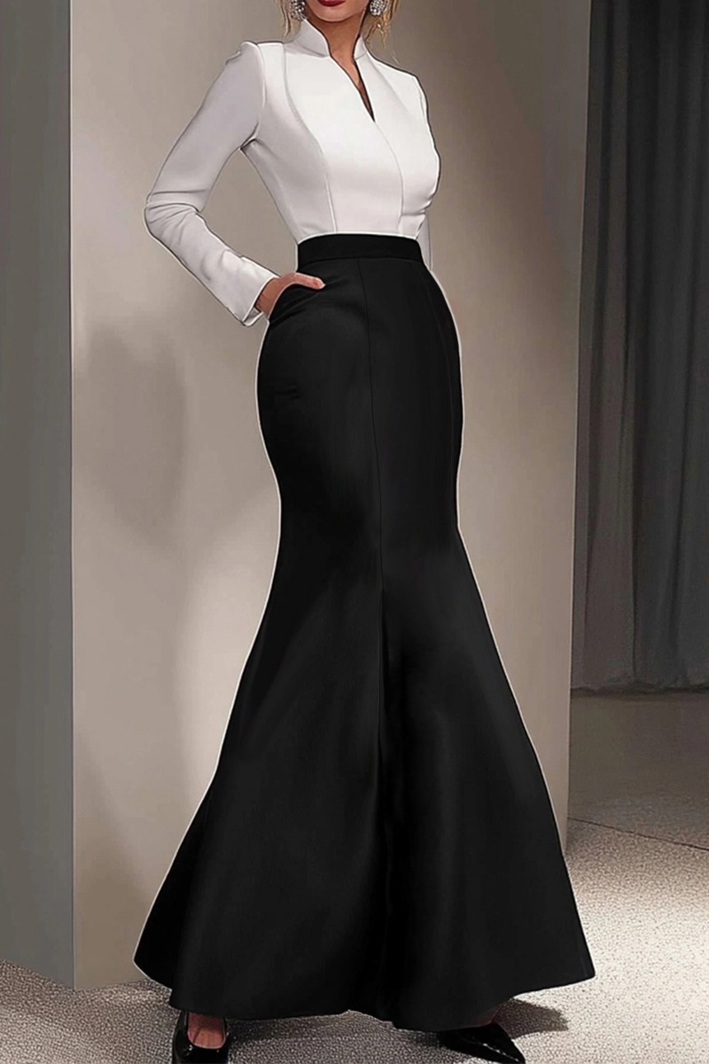 Formal Evening Dress Black White Mermaid with Pockets Maxi Dress