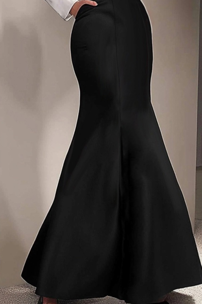 Formal Evening Dress Black White Stand Neck Mermaid with Pockets Maxi Dress