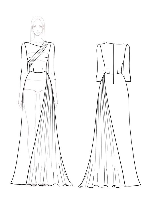 Formal Evening Gown Black White Long-Sleeve Floor-Length Maxi Dress