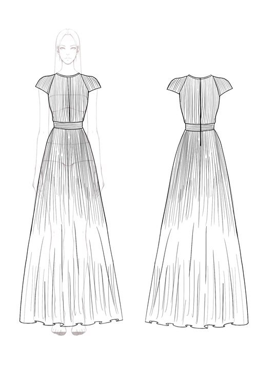 Formal Yacht Dress Floor-Length Pleated Dress Cap Sleeves Cut-Out Dress