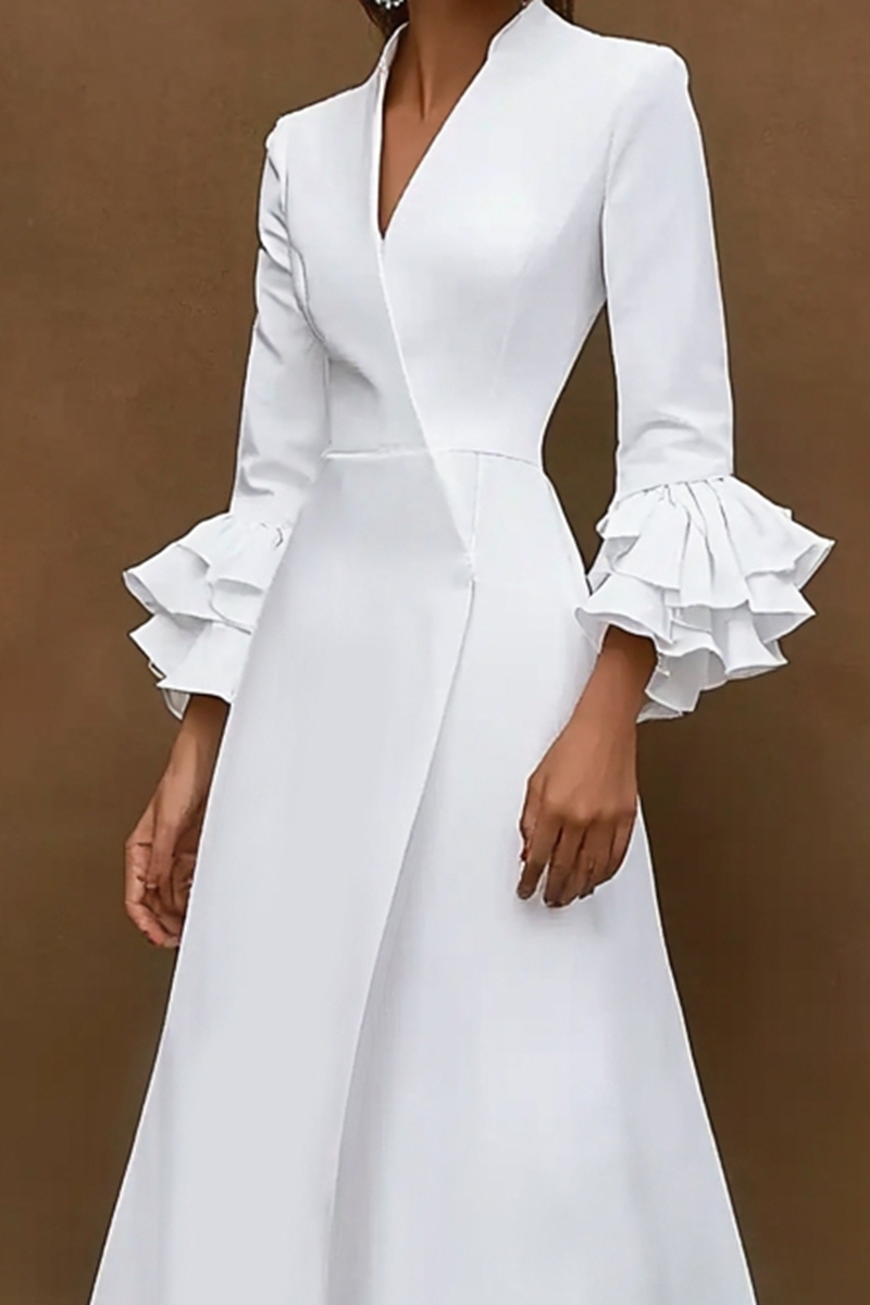 White Business Dress Long Flared Sleeves Formal A Line Work Dress