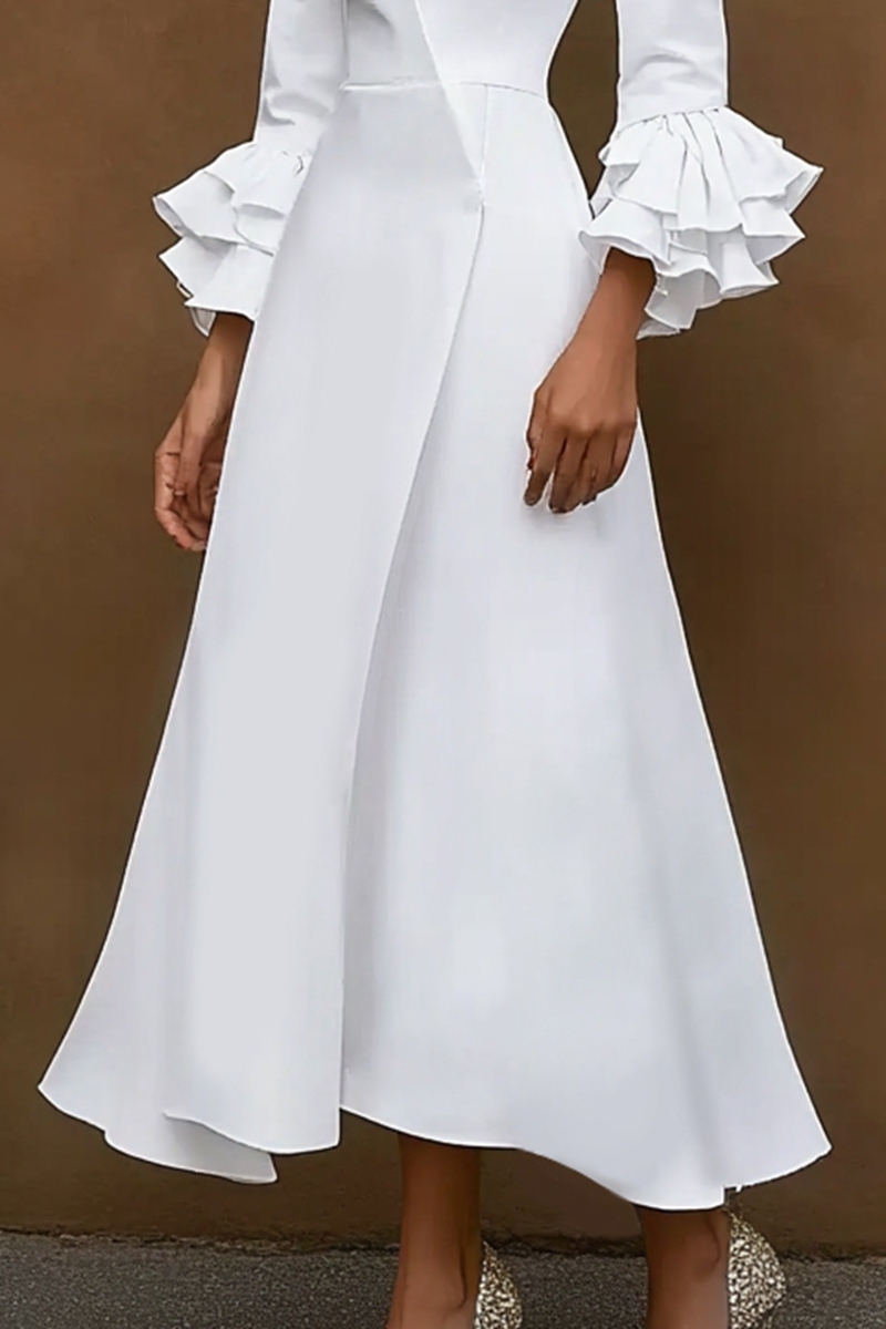 White Business Dress Long Flared Sleeves Formal A Line Work Dress