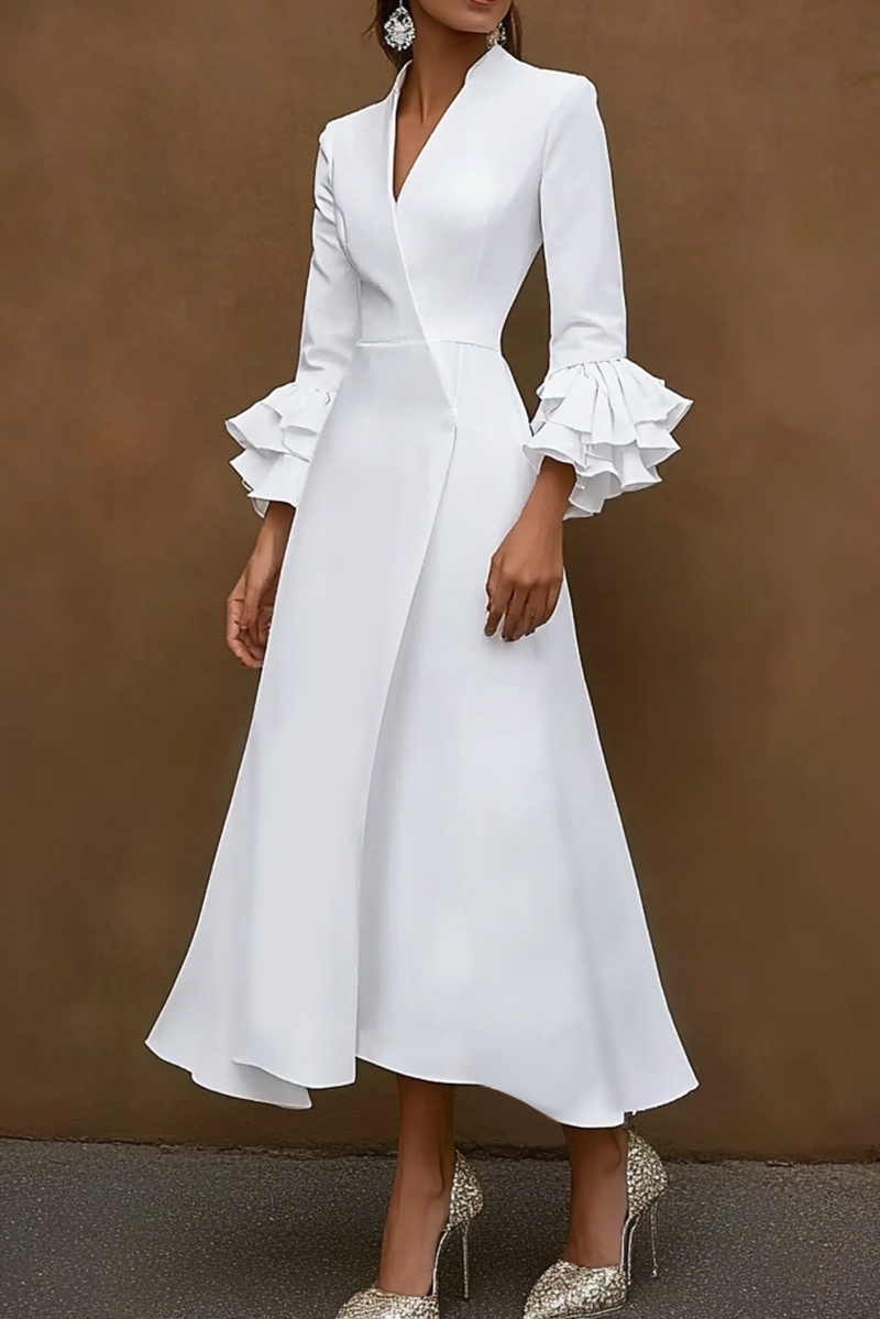 White Business Dress Long Flared Sleeves Formal A Line Work Dress