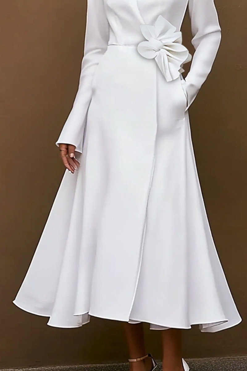 White Work Dress Long-Sleeve Business A Line Bow Tie Elegant Dress