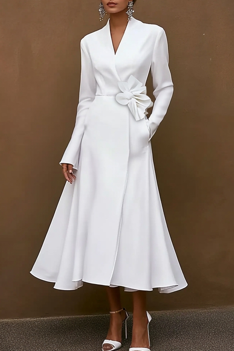 White Work Dress Long-Sleeve Business A Line Bow Tie Elegant Dress