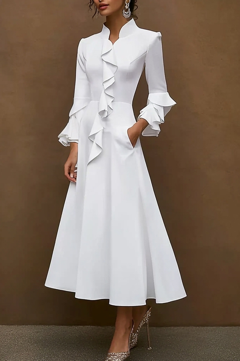 Elegant Work Dress Long Sleeve Business A Line Ruffle White Dress