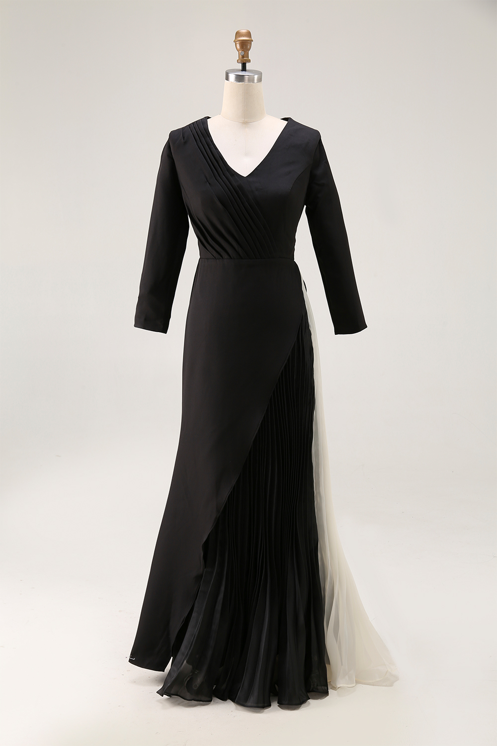 Formal Evening Dress Black White Pleated V-Neck Long Sleeve Maxi Dress