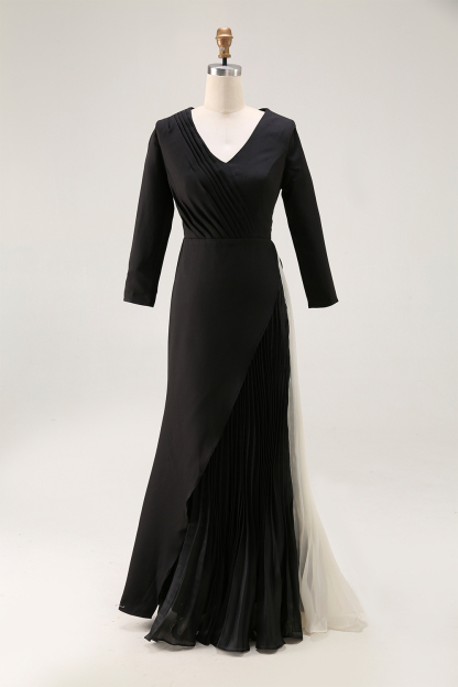 Formal Evening Dress Black White Pleated V-Neck Long Sleeve Maxi Dress