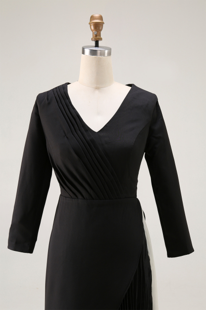 Formal Evening Dress Black White Pleated V-Neck Long Sleeve Maxi Dress
