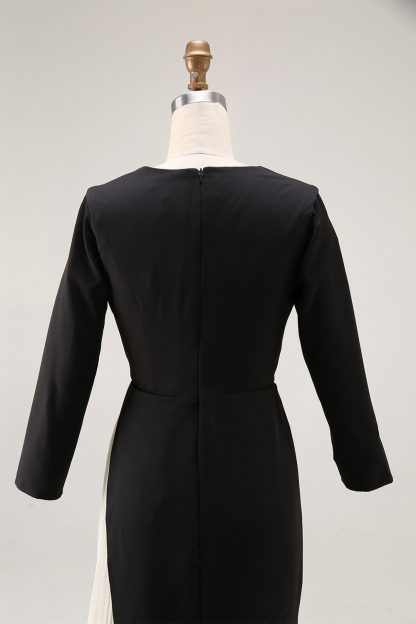 Formal Evening Dress Black White Pleated V-Neck Long Sleeve Maxi Dress