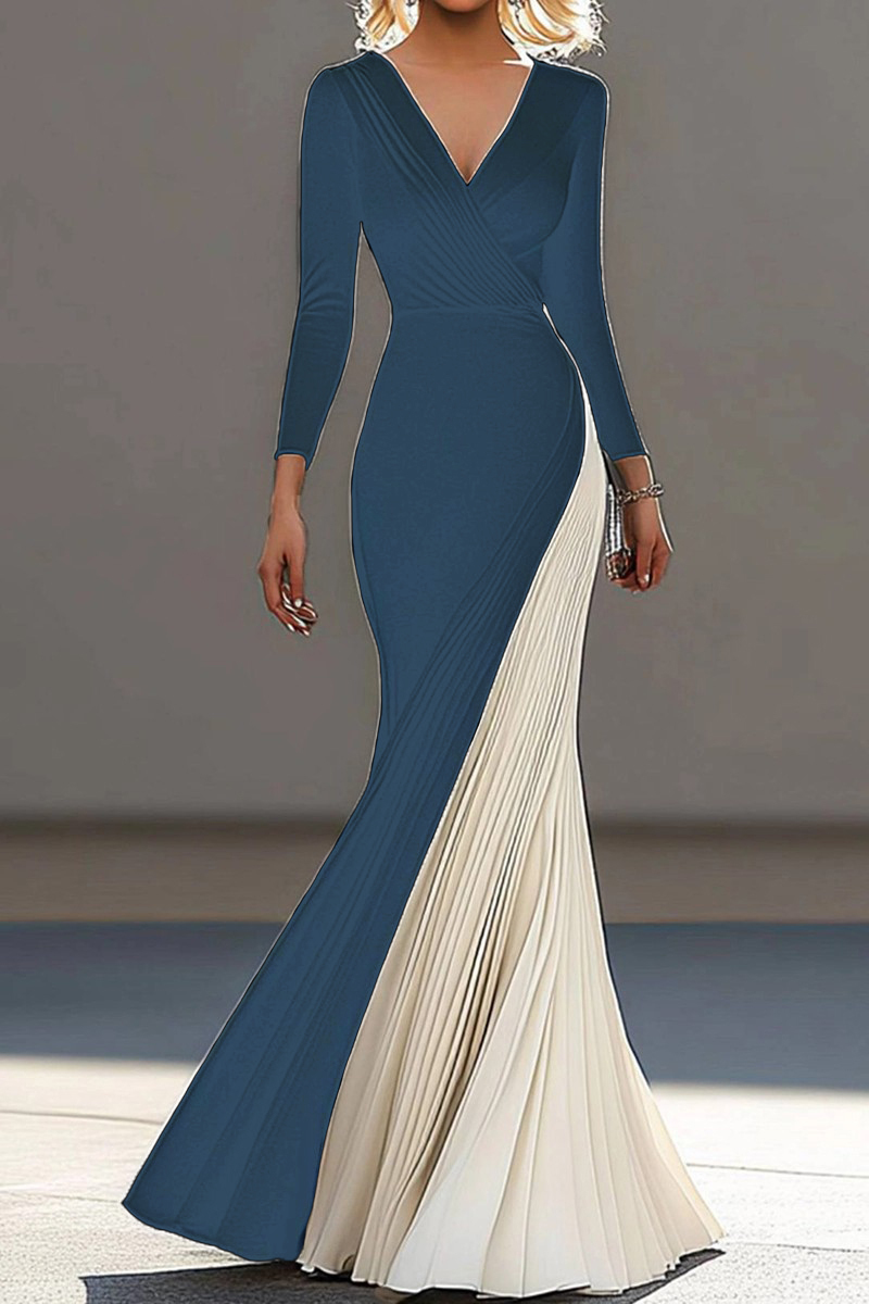 Formal Evening Dress Black White Pleated V-Neck Long Sleeve Maxi Dress