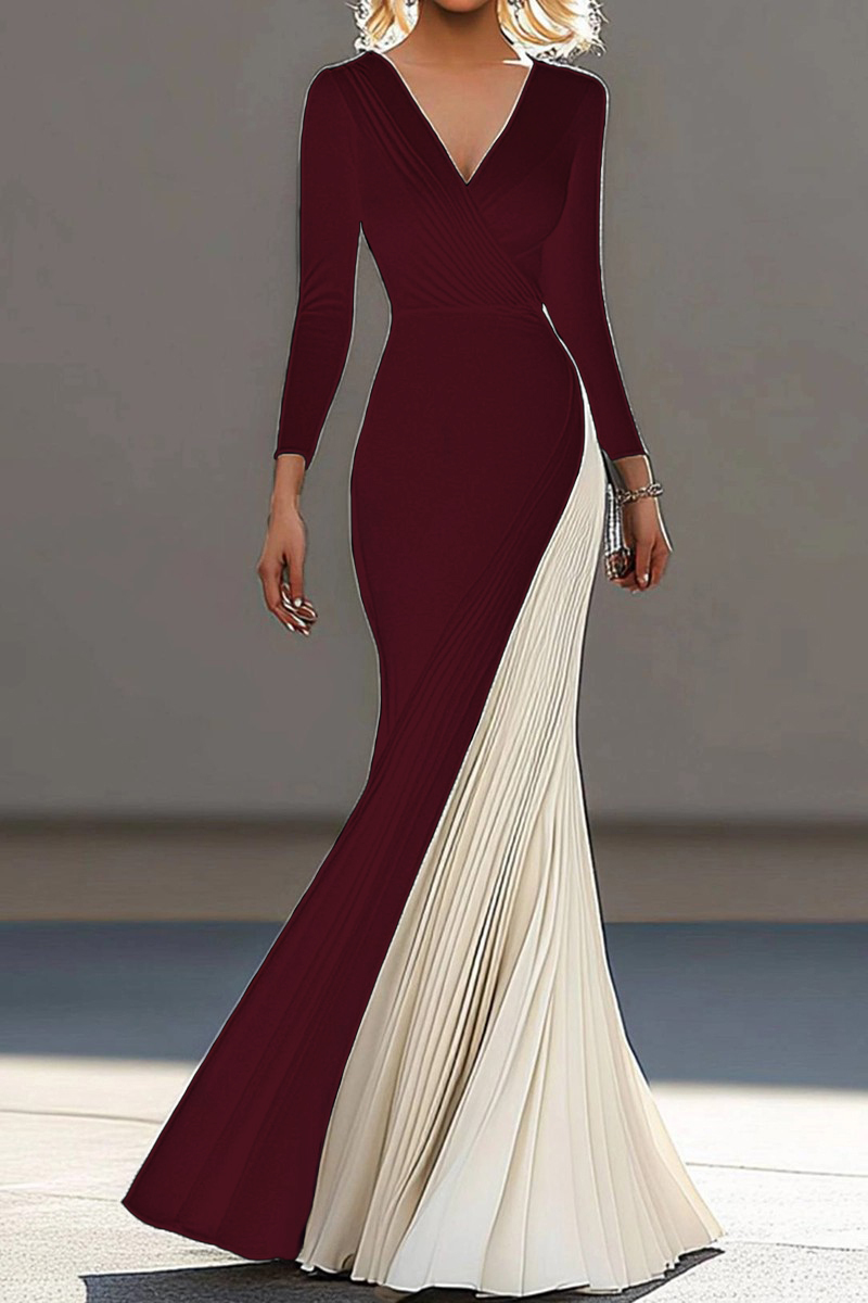 Formal Evening Dress Black White Pleated V-Neck Long Sleeve Maxi Dress