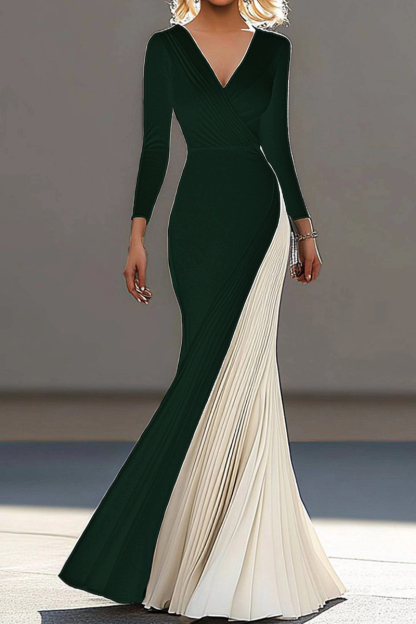 Formal Evening Dress Black White Pleated V-Neck Long Sleeve Maxi Dress