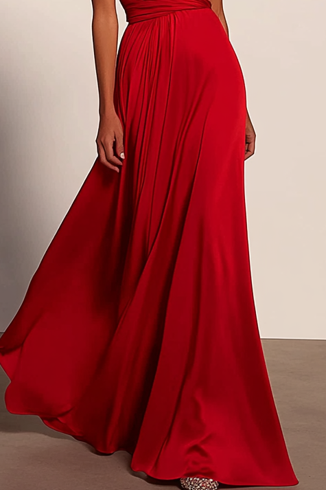 Red A-Line Party Cocktail Dress Sleeveless Floor-Length Satin High Slit Gown