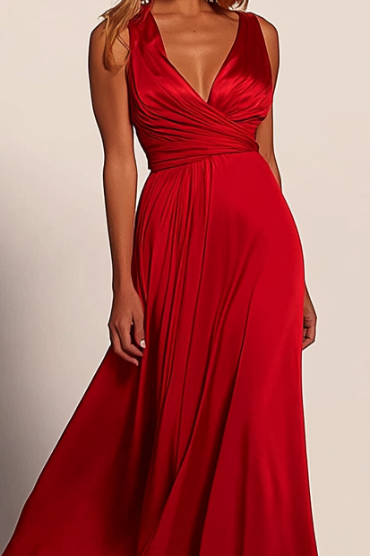 Red A-Line Party Cocktail Dress Sleeveless Floor-Length Satin High Slit Gown