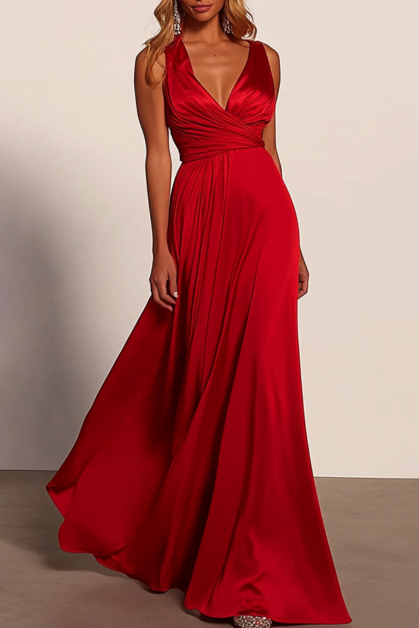 Red A-Line Party Cocktail Dress Sleeveless Floor-Length Satin High Slit Gown