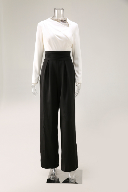 Formal Evening Jumpsuit Black White Asymmetrical Neck Wide-Leg With Pockets