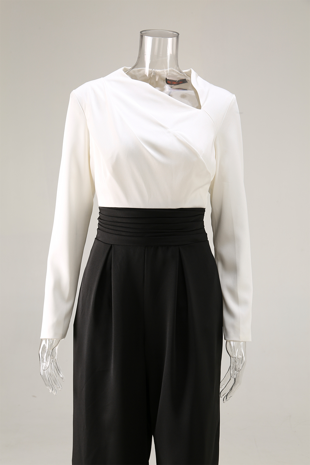 Formal Evening Jumpsuit Black White Asymmetrical Neck Wide-Leg With Pockets