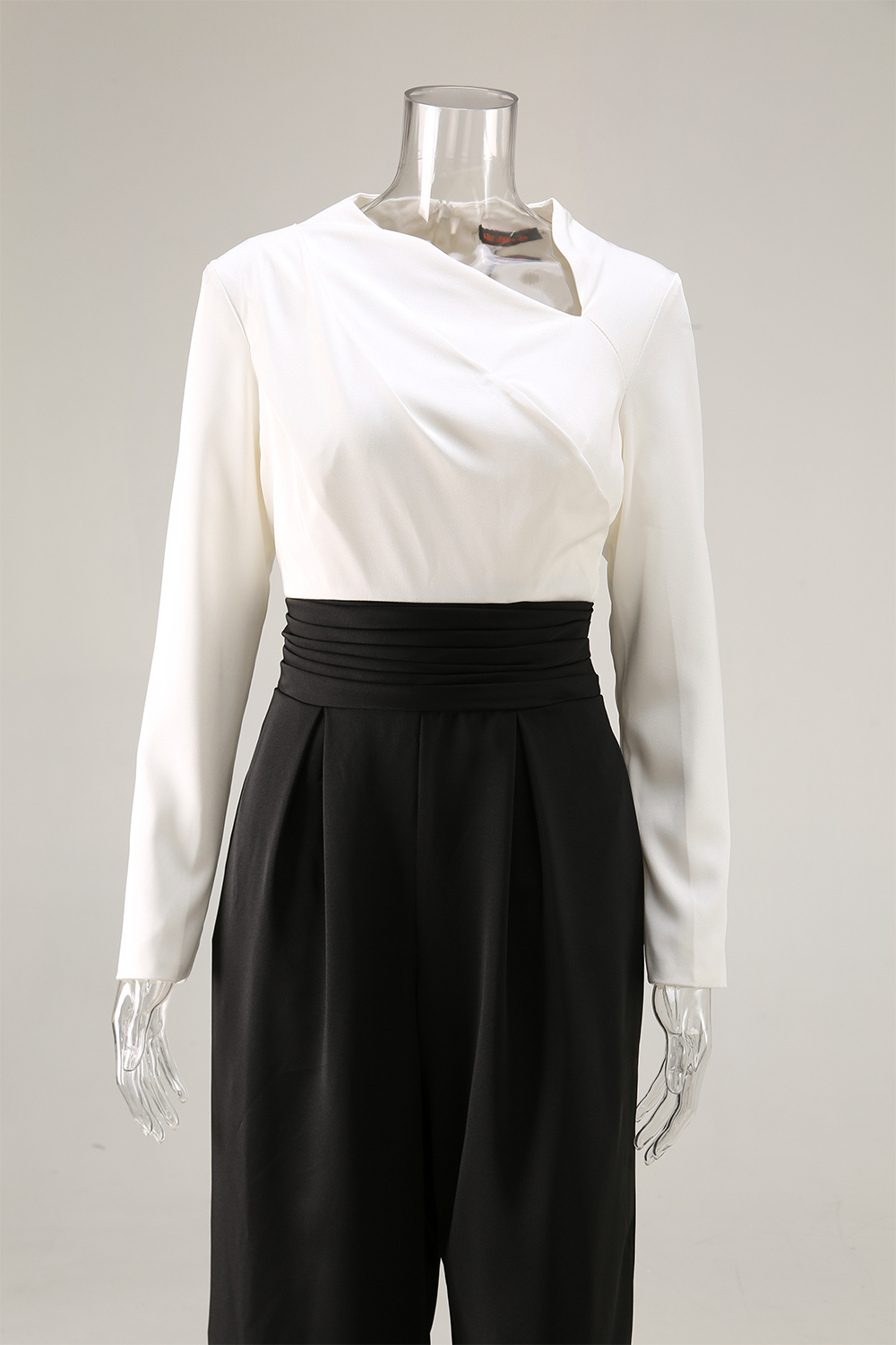 Formal Evening Jumpsuit Black White Asymmetrical Neck Wide-Leg With Pockets