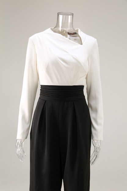 Formal Evening Jumpsuit Black White Asymmetrical Neck Wide-Leg With Pockets