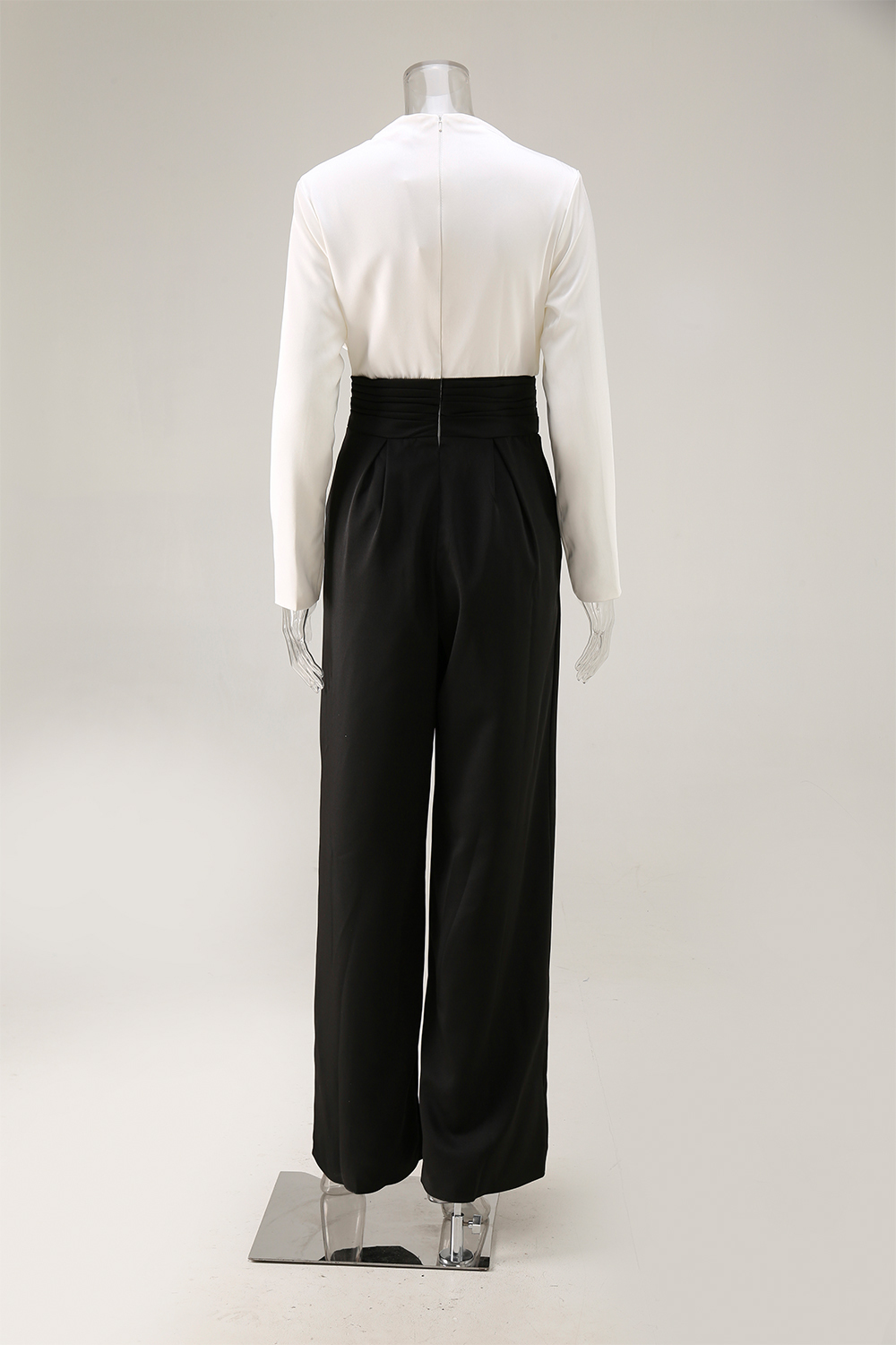 Formal Evening Jumpsuit Black White Asymmetrical Neck Wide-Leg With Pockets