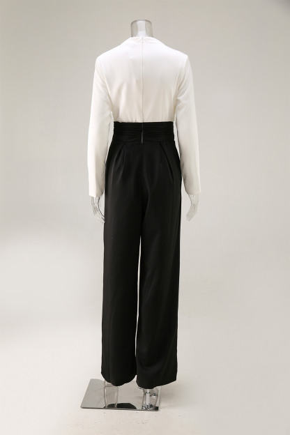 Formal Evening Jumpsuit Black White Asymmetrical Neck Wide-Leg With Pockets